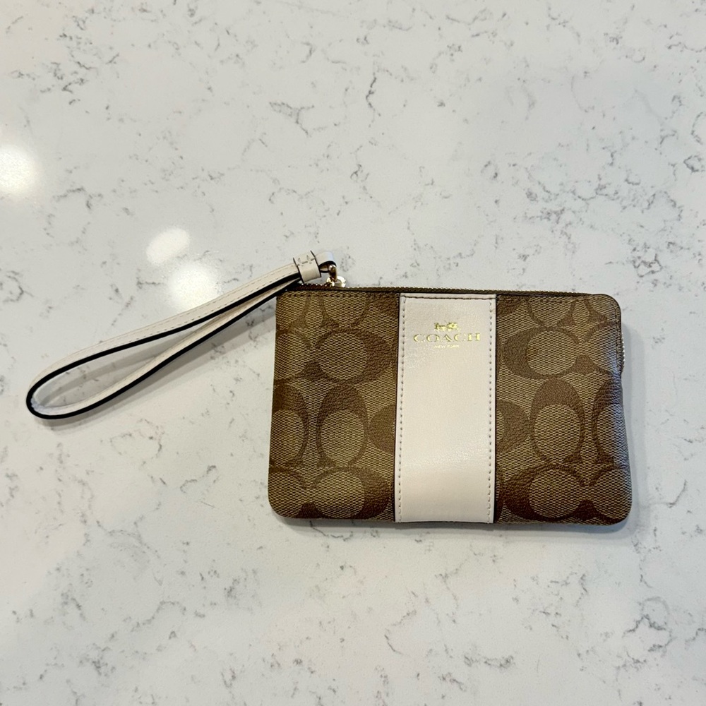 Coach Signature Canvas Small Wristlet – White Stripe – NWT